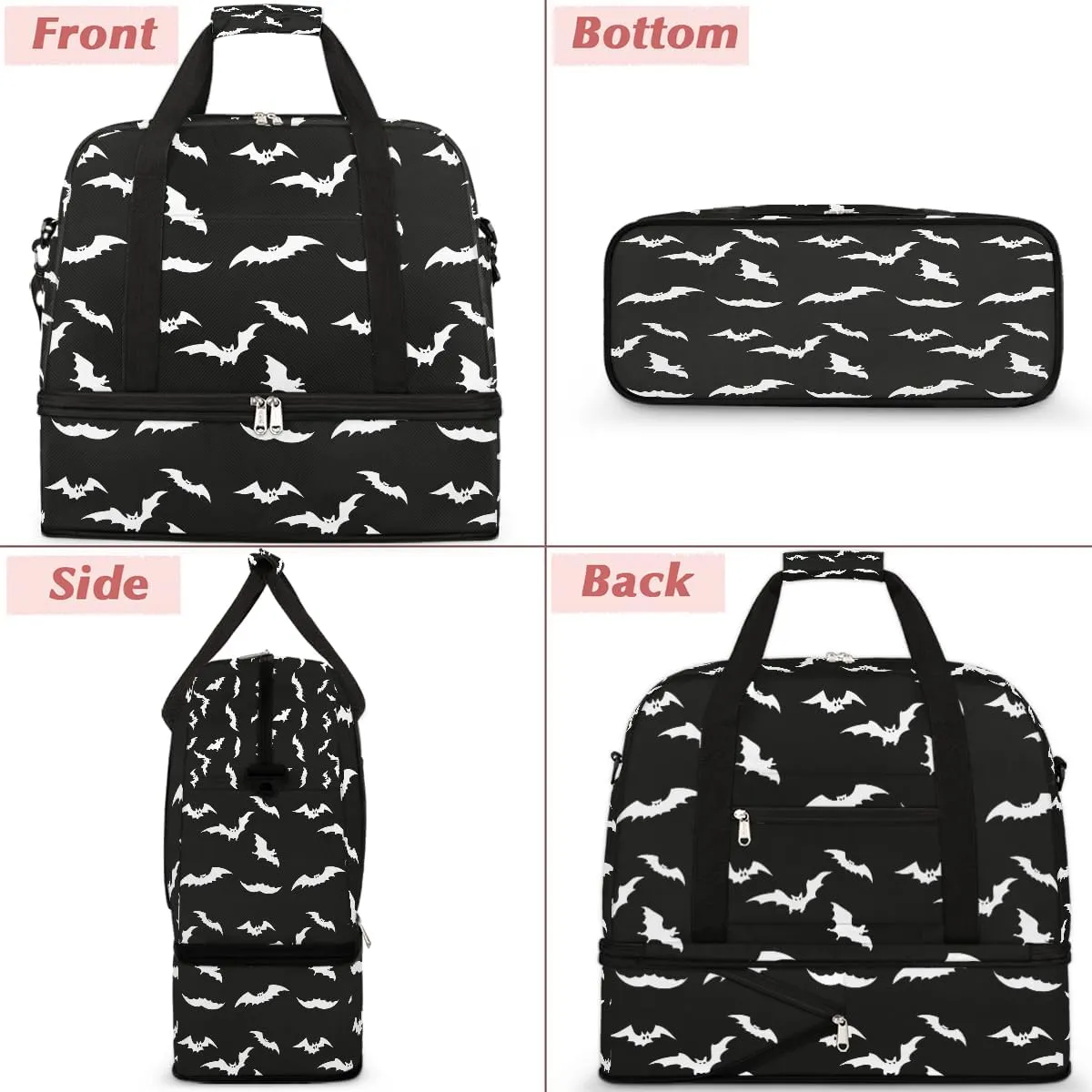 Halloween Goth Bat Travel Duffle Bags With Shoes Compartment for Women Men Weekender Overnight Bag Foldable Sports Tote Gym Carry On Luggage Handlebag for Travel Yoga Hospital Workout