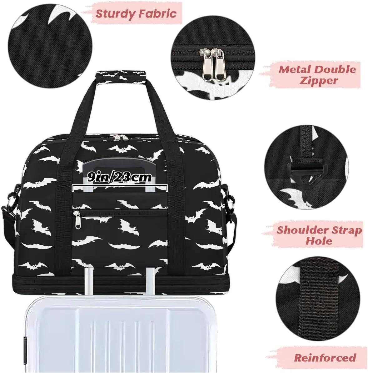 Halloween Goth Bat Travel Duffle Bags With Shoes Compartment for Women Men Weekender Overnight Bag Foldable Sports Tote Gym Carry On Luggage Handlebag for Travel Yoga Hospital Workout
