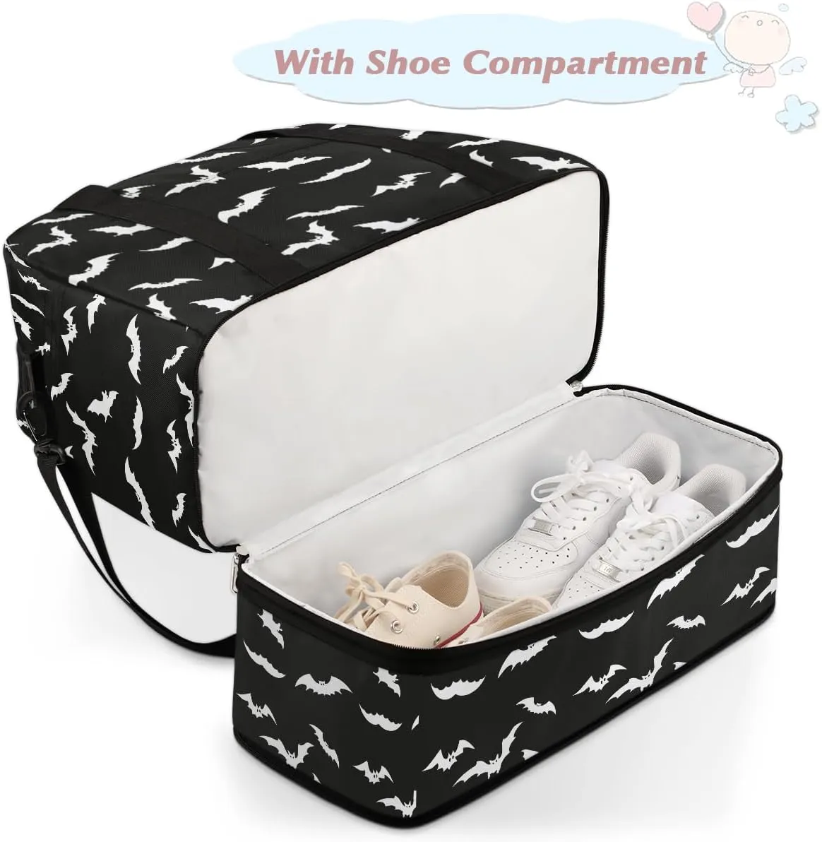 Halloween Goth Bat Travel Duffle Bags With Shoes Compartment for Women Men Weekender Overnight Bag Foldable Sports Tote Gym Carry On Luggage Handlebag for Travel Yoga Hospital Workout