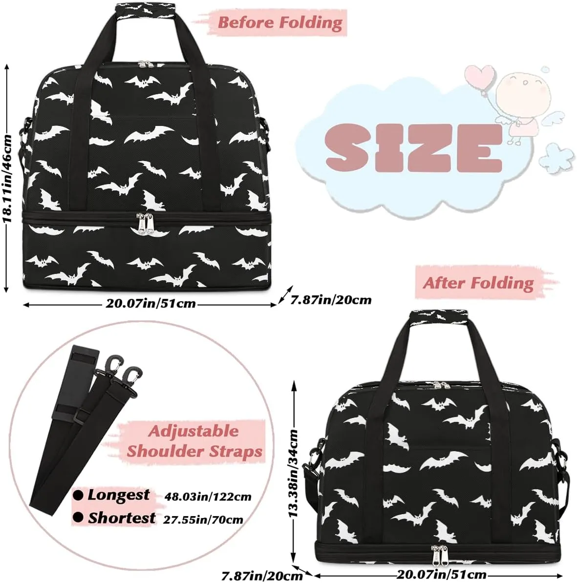 Halloween Goth Bat Travel Duffle Bags With Shoes Compartment for Women Men Weekender Overnight Bag Foldable Sports Tote Gym Carry On Luggage Handlebag for Travel Yoga Hospital Workout