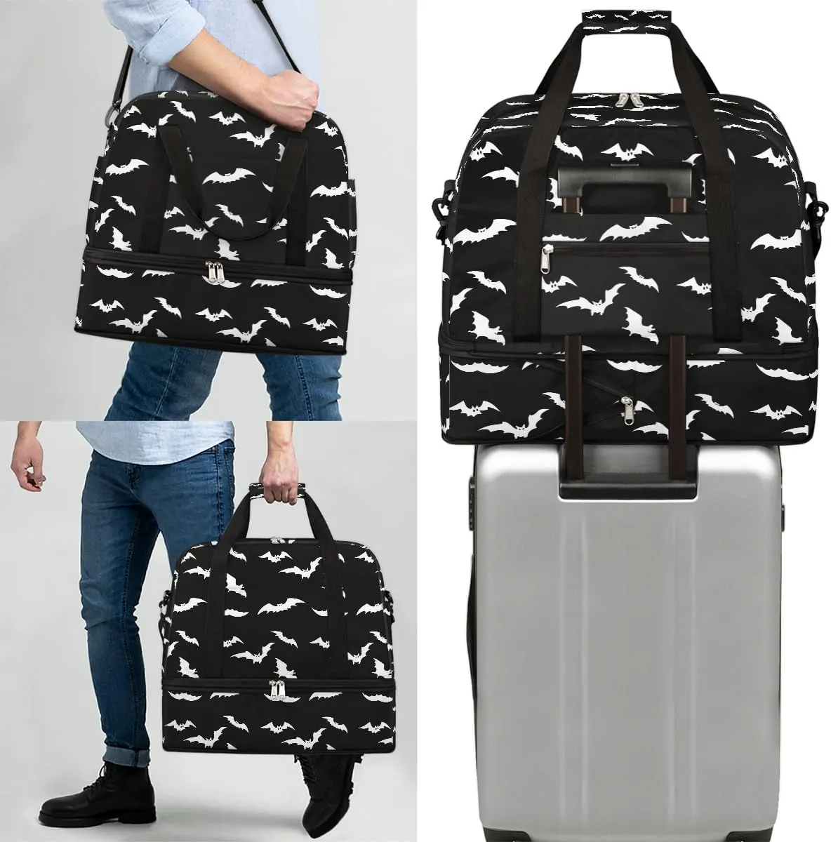 Halloween Goth Bat Travel Duffle Bags With Shoes Compartment for Women Men Weekender Overnight Bag Foldable Sports Tote Gym Carry On Luggage Handlebag for Travel Yoga Hospital Workout