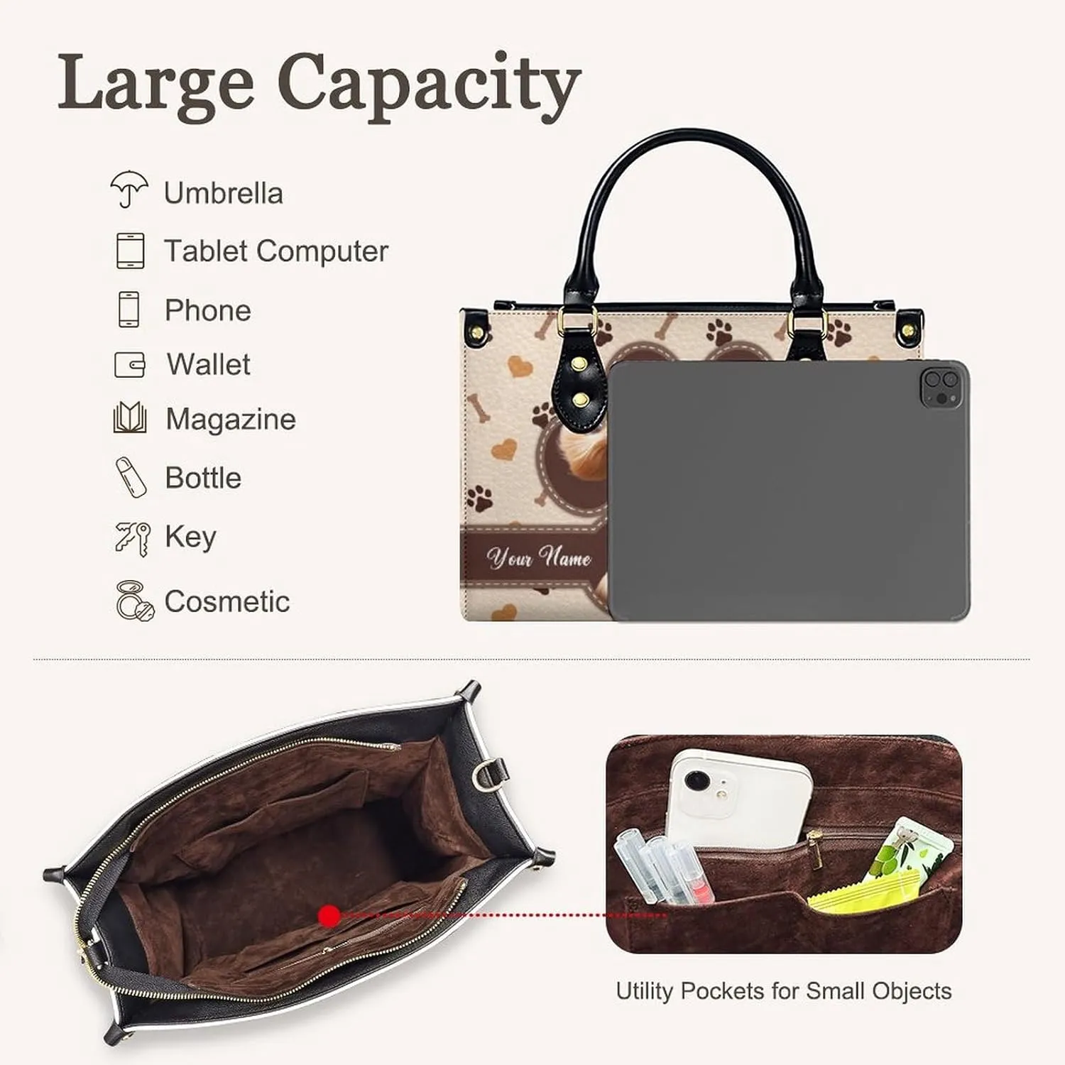 Handbags for Women - Personalized Leather Purse with Name Photo - Tote Bags for Mom Grandma - Custom Gifts Ideas for Her