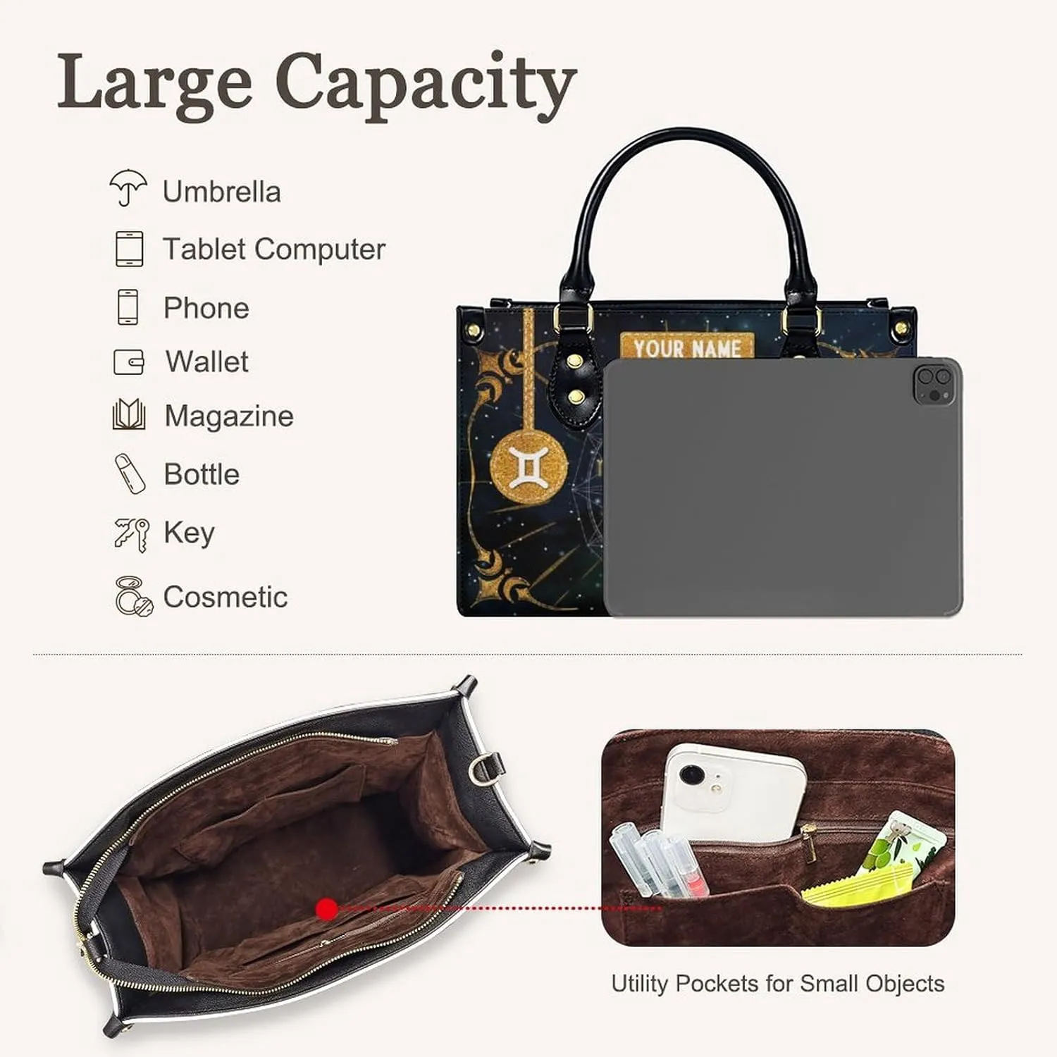 Handbags for Women - Personalized Leather Purse with Name - Tote Bags for Mom Grandma - Zodiac Gifts Ideas for Her