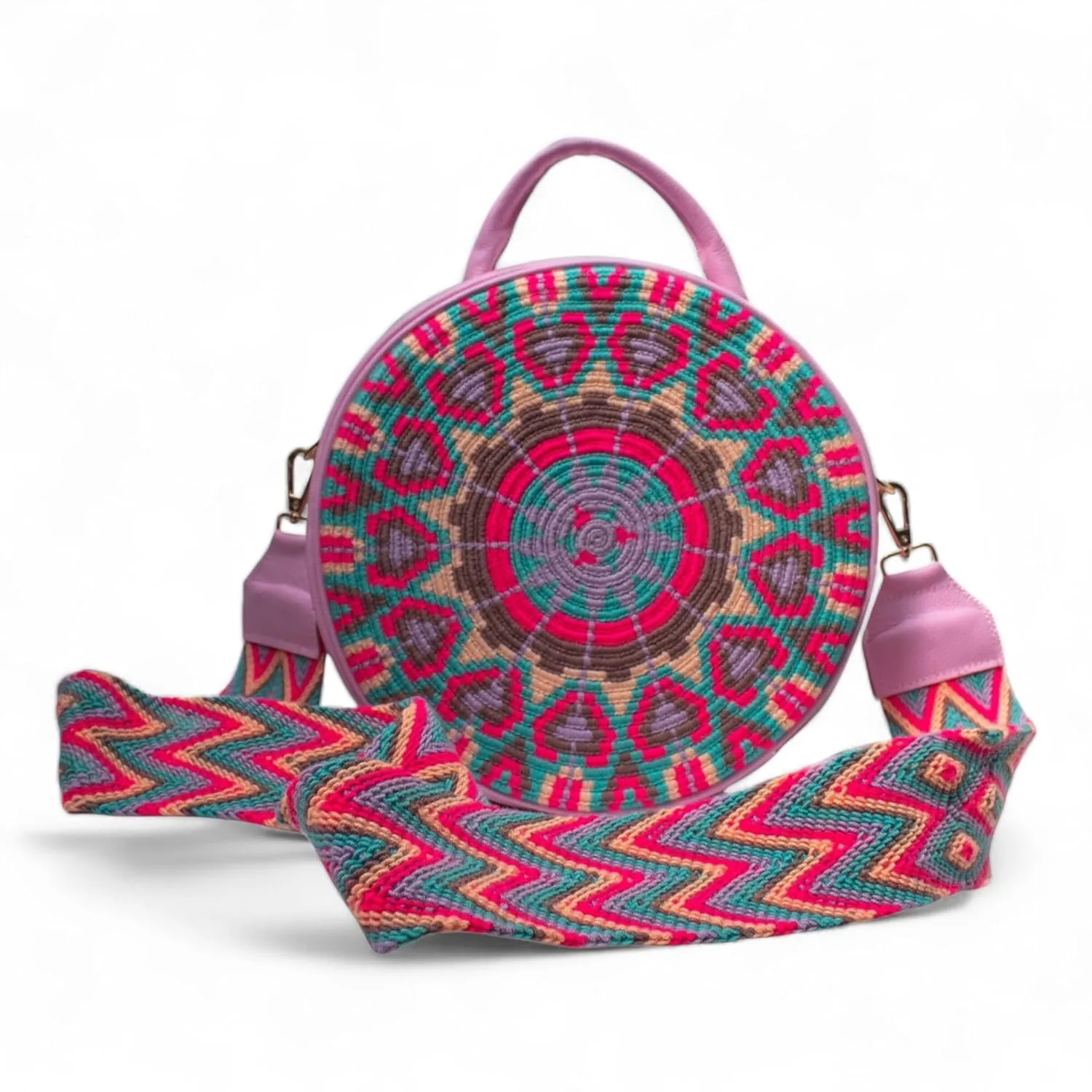 Handcrafted Leather Crossbody Bag for Women - Elegant Leather Bags with Unique Wayuu Weaving - Versatile Genuine Leather Crossbody Bag - Premium Colombian Materials and Design - Pink Bag