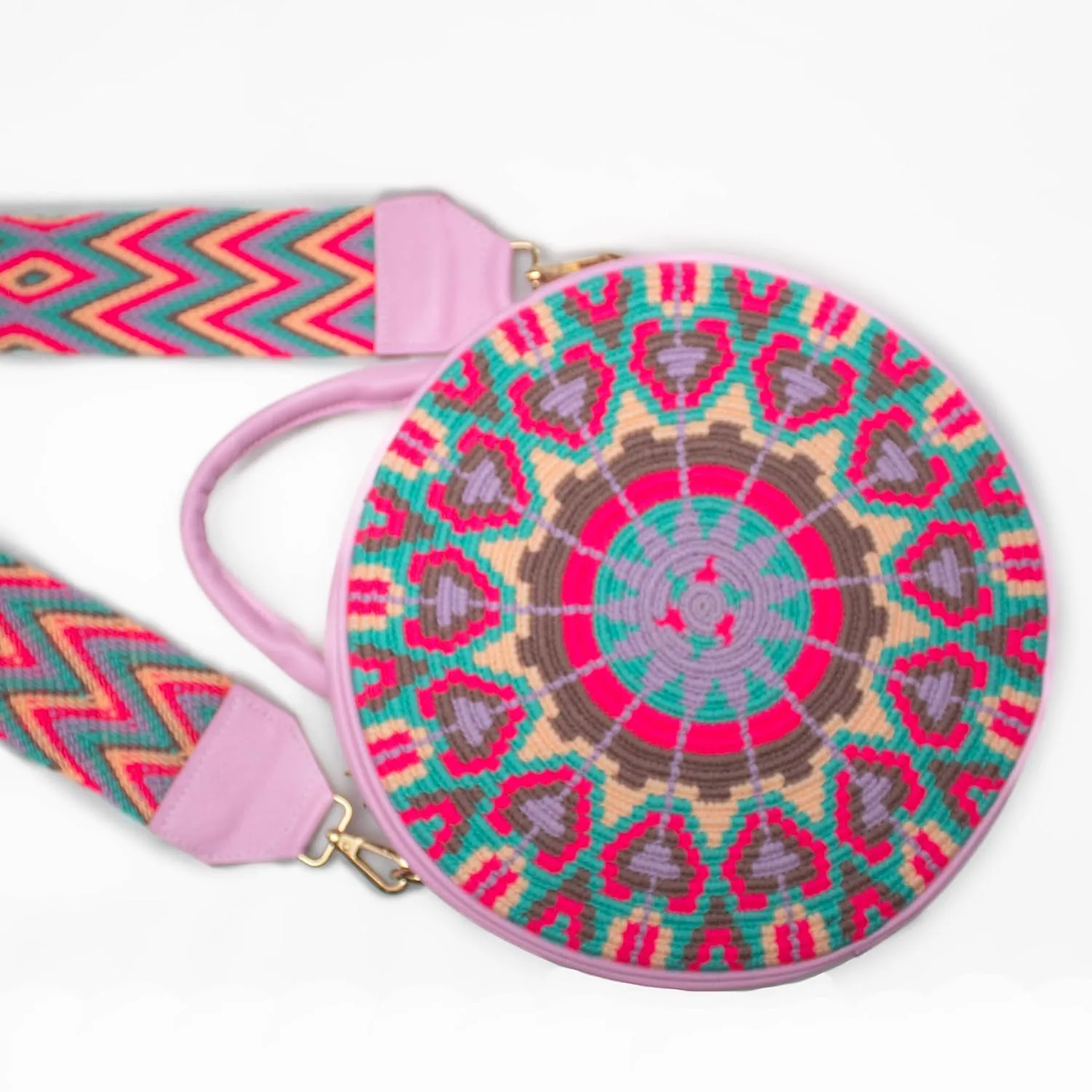 Handcrafted Leather Crossbody Bag for Women - Elegant Leather Bags with Unique Wayuu Weaving - Versatile Genuine Leather Crossbody Bag - Premium Colombian Materials and Design - Pink Bag