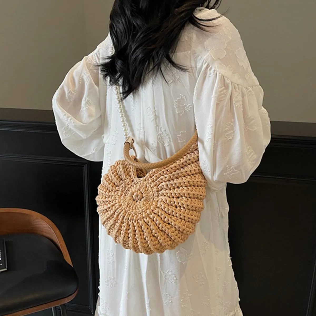 Handwoven Fashion Seashell Bag,Boho Clutch with Pearl Strap,Crochet Beach Bags with Leather Handle & Premium Hardware