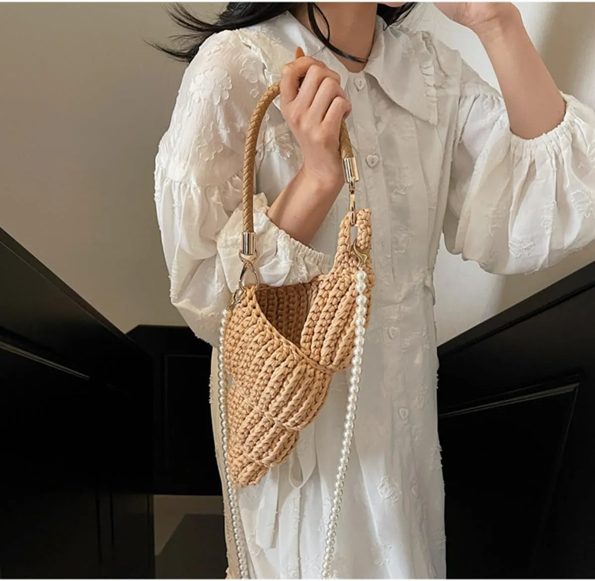 Handwoven Fashion Seashell Bag,Boho Clutch with Pearl Strap,Crochet Beach Bags with Leather Handle & Premium Hardware