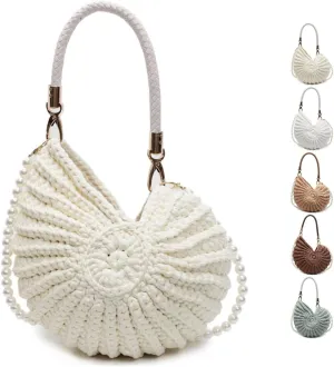 Handwoven Fashion Seashell Bag,Boho Clutch with Pearl Strap,Crochet Beach Bags with Leather Handle & Premium Hardware
