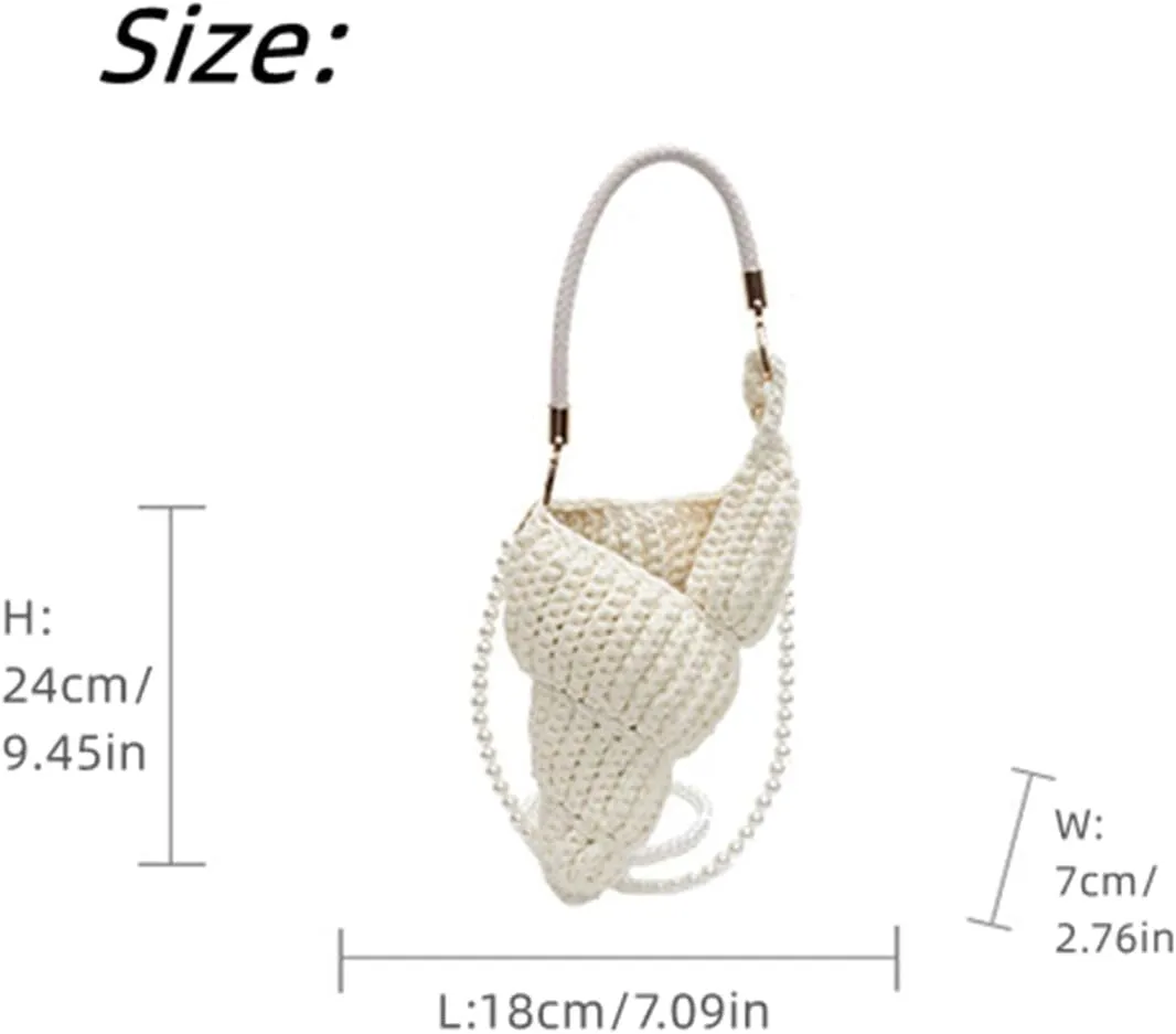 Handwoven Fashion Seashell Bag,Boho Clutch with Pearl Strap,Crochet Beach Bags with Leather Handle & Premium Hardware