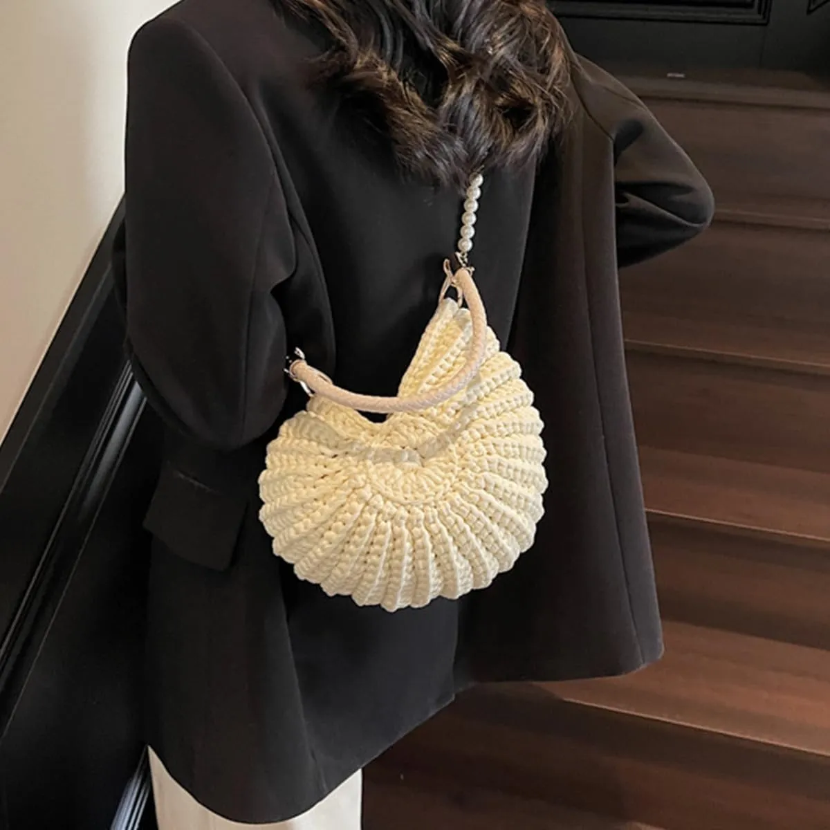 Handwoven Fashion Seashell Bag,Boho Clutch with Pearl Strap,Crochet Beach Bags with Leather Handle & Premium Hardware