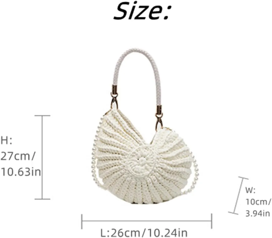 Handwoven Fashion Seashell Bag,Boho Clutch with Pearl Strap,Crochet Beach Bags with Leather Handle & Premium Hardware