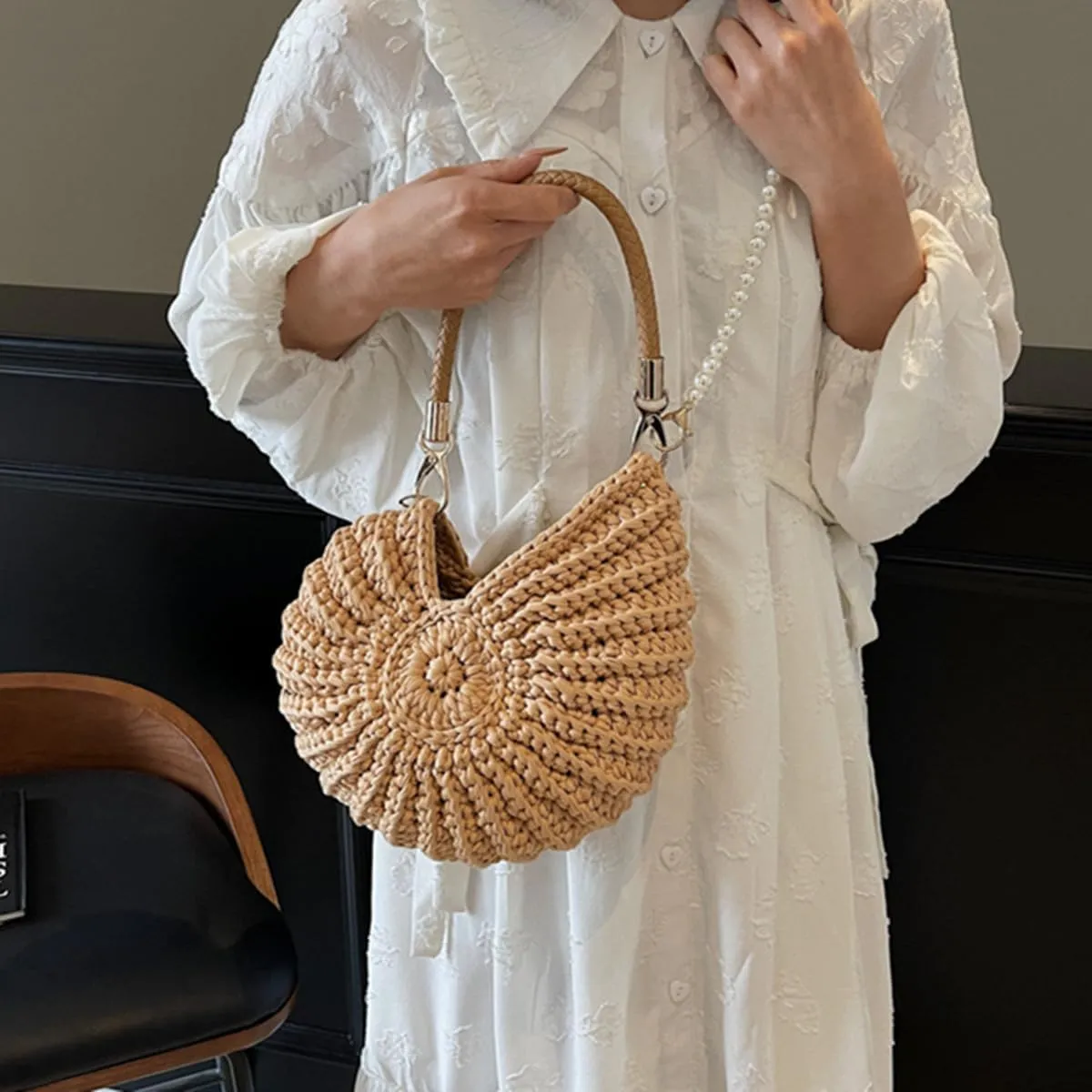 Handwoven Fashion Seashell Bag,Boho Clutch with Pearl Strap,Crochet Beach Bags with Leather Handle & Premium Hardware