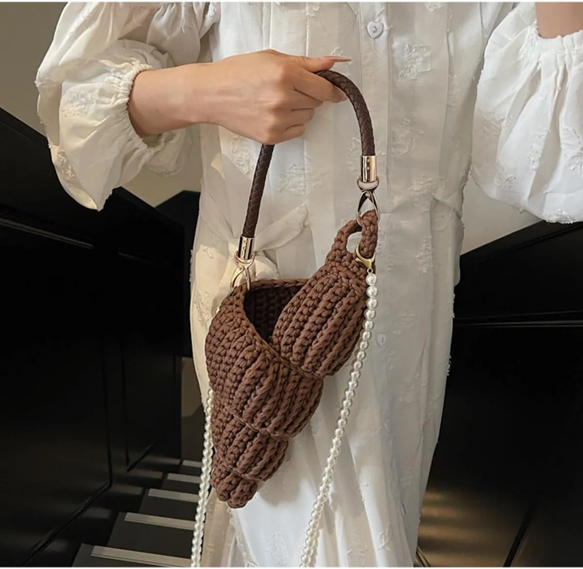 Handwoven Fashion Seashell Bag,Boho Clutch with Pearl Strap,Crochet Beach Bags with Leather Handle & Premium Hardware