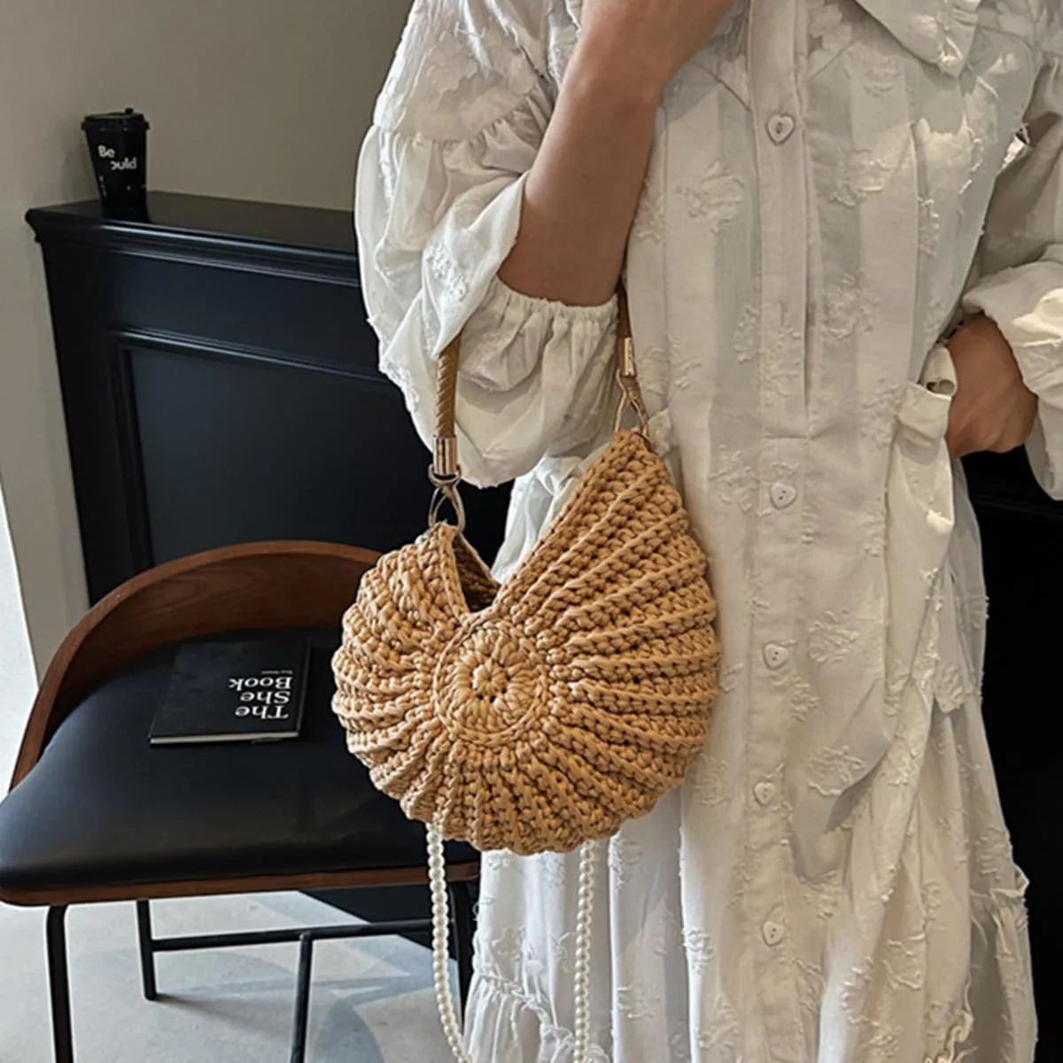 Handwoven Fashion Seashell Bag,Boho Clutch with Pearl Strap,Crochet Beach Bags with Leather Handle & Premium Hardware