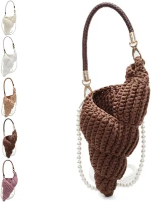Handwoven Fashion Seashell Bag,Boho Clutch with Pearl Strap,Crochet Beach Bags with Leather Handle & Premium Hardware