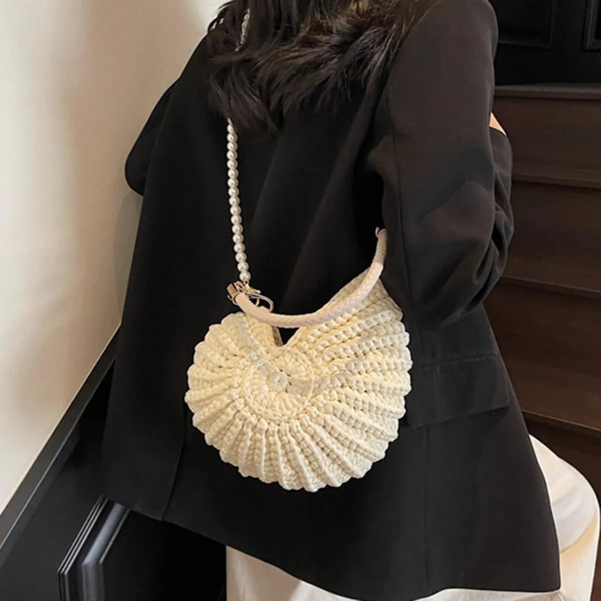 Handwoven Fashion Seashell Bag,Boho Clutch with Pearl Strap,Crochet Beach Bags with Leather Handle & Premium Hardware