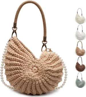 Handwoven Fashion Seashell Bag,Boho Clutch with Pearl Strap,Crochet Beach Bags with Leather Handle & Premium Hardware