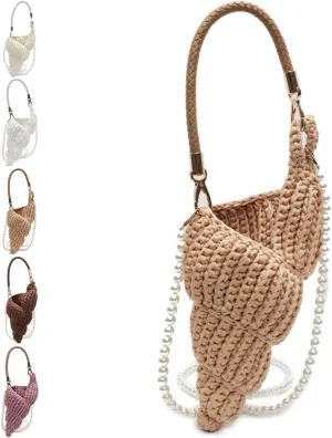 Handwoven Fashion Seashell Bag,Boho Clutch with Pearl Strap,Crochet Beach Bags with Leather Handle & Premium Hardware