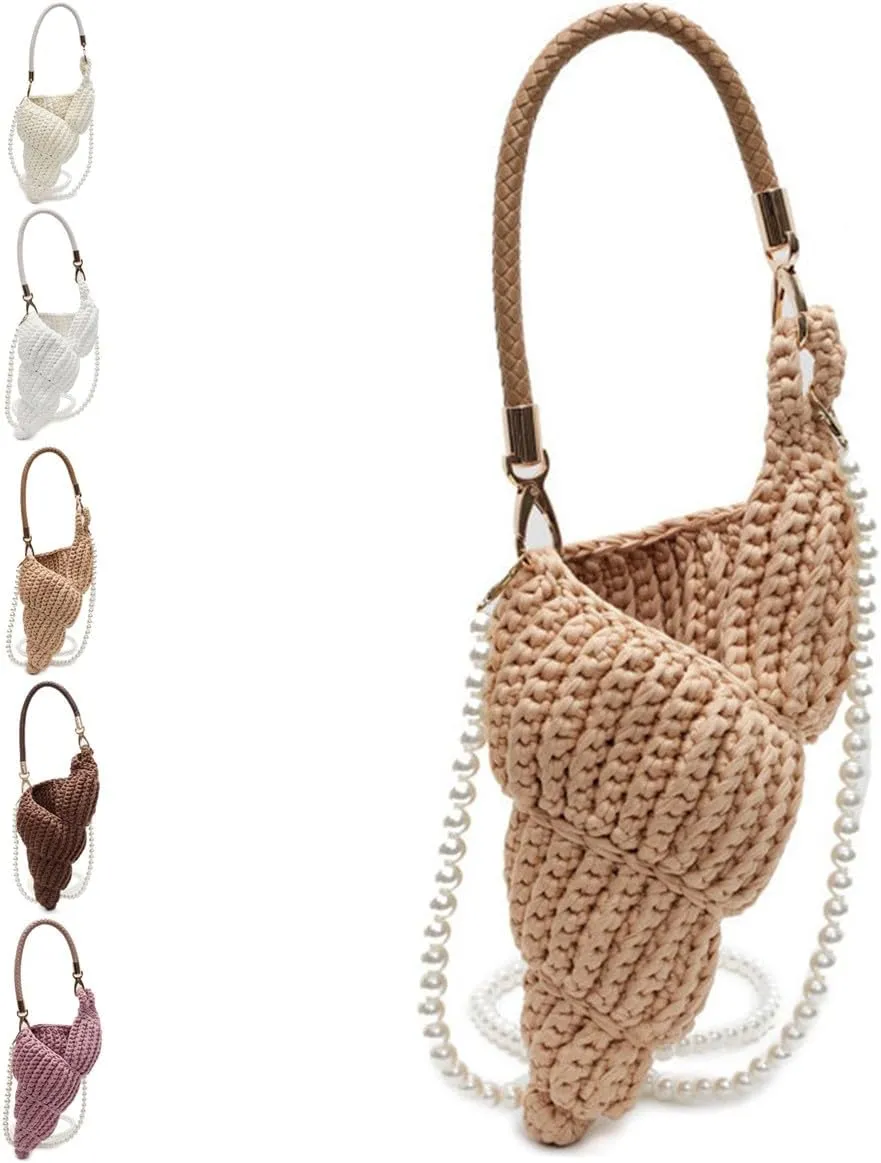 Handwoven Fashion Seashell Bag,Boho Clutch with Pearl Strap,Crochet Beach Bags with Leather Handle & Premium Hardware