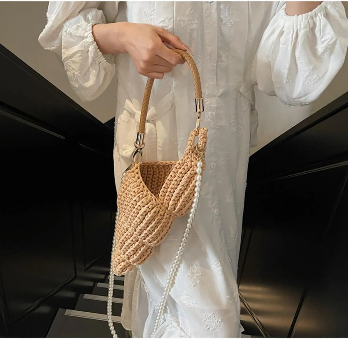 Handwoven Fashion Seashell Bag,Boho Clutch with Pearl Strap,Crochet Beach Bags with Leather Handle & Premium Hardware