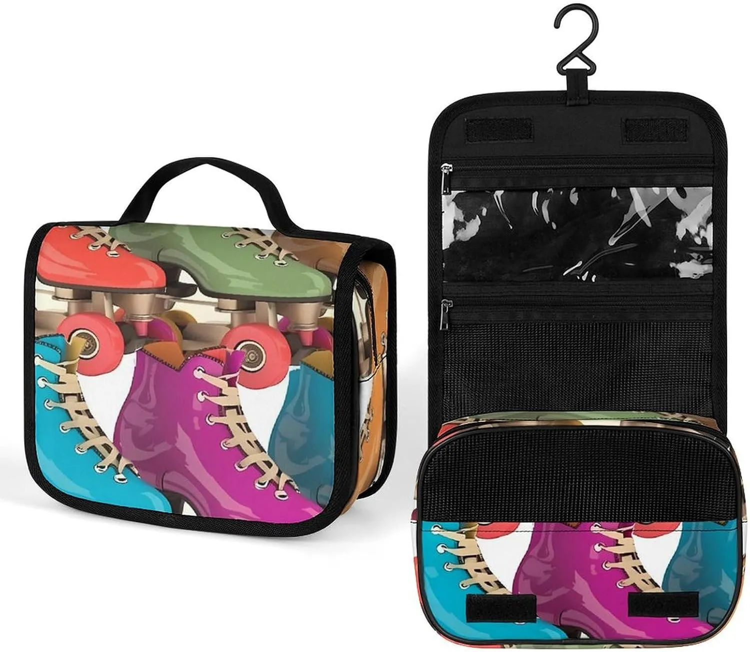 Hanging Retro Colorful Roller Skates Printed Toiletry Bag Travel Toiletry Bag Foldable Large-capacity Design Suitable for Travel, Fitness, Camping, Home Use, Etc.