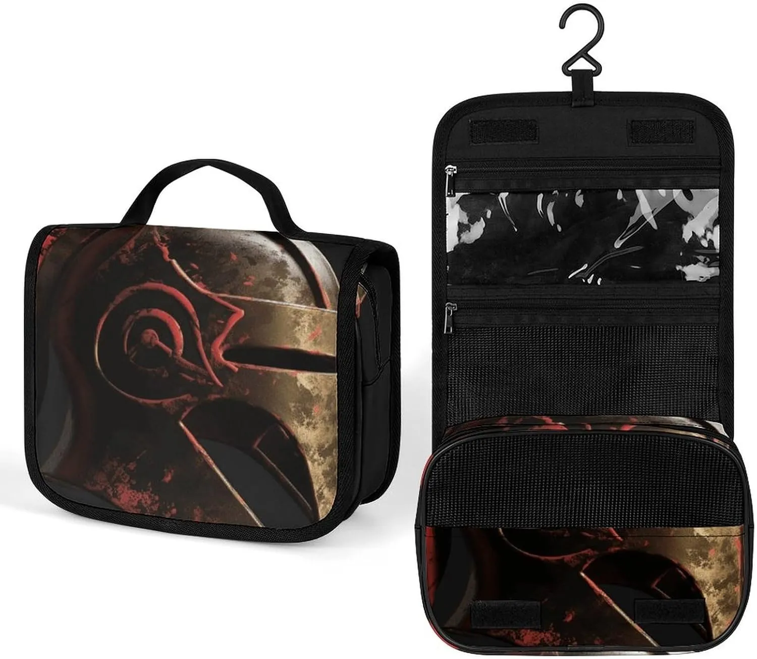 Hanging Spartan Warrior Helmet Printed Toiletry Bag Travel Toiletry Bag Foldable Large-capacity Design Suitable for Travel, Fitness, Camping, Home Use, Etc.