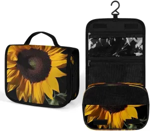 Hanging Sunflower Black Background Printed Toiletry Bag Travel Toiletry Bag Foldable Large-capacity Design Suitable for Travel, Fitness, Camping, Home Use, Etc.