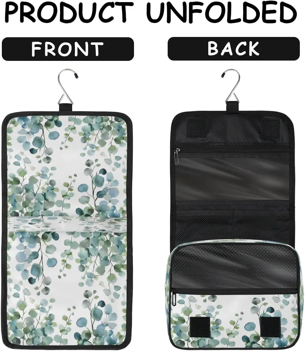 Hanging Travel Toiletry Bag Eucalyptus Green Leaves Toiletry Bags with Hanging Hook Portable Cosmetic Bag Makeup Organizer for Travel Business Trip