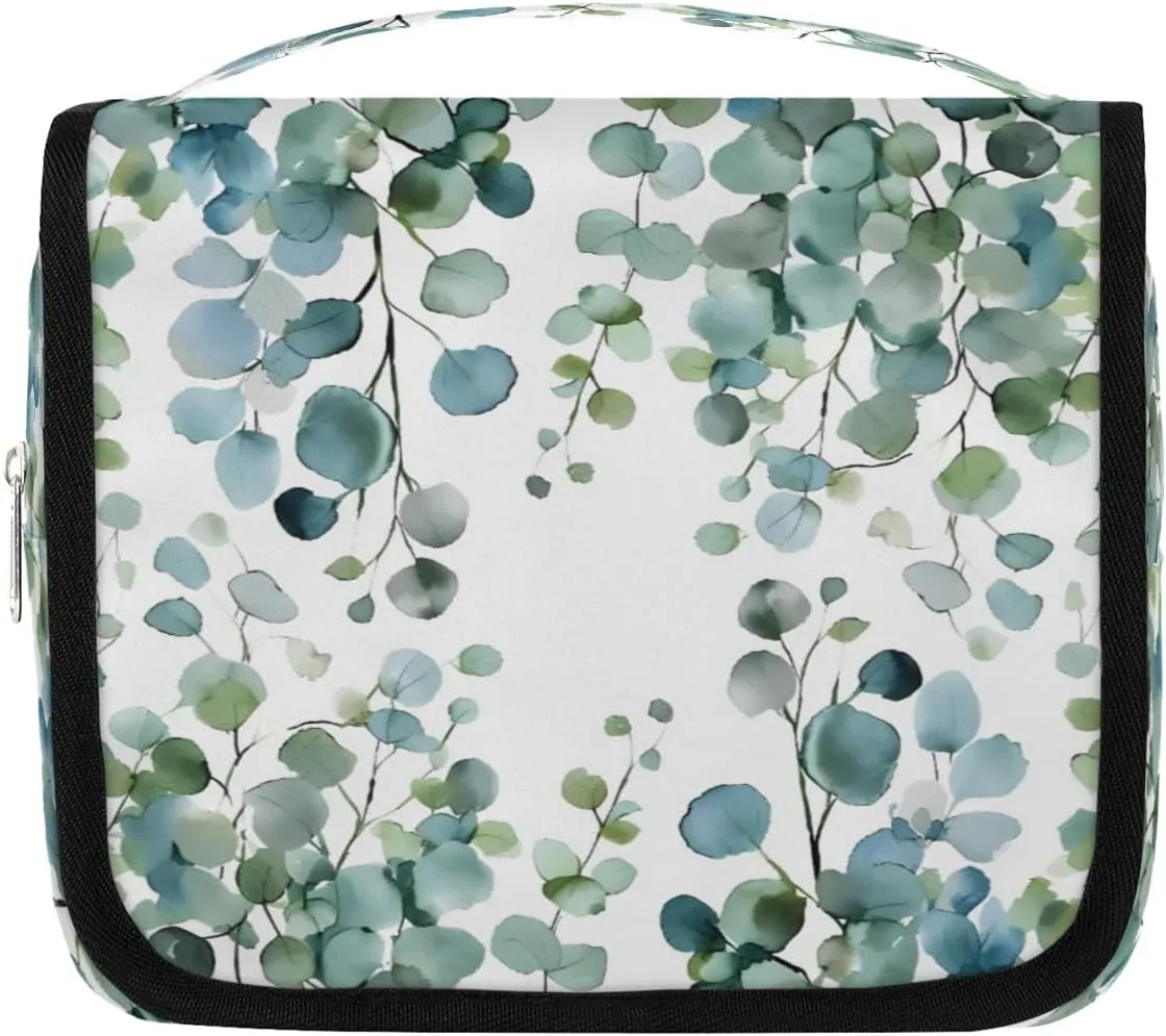 Hanging Travel Toiletry Bag Eucalyptus Green Leaves Toiletry Bags with Hanging Hook Portable Cosmetic Bag Makeup Organizer for Travel Business Trip