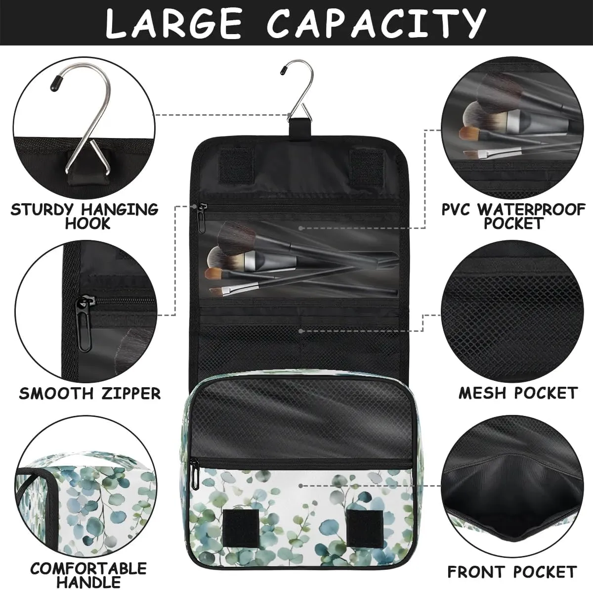Hanging Travel Toiletry Bag Eucalyptus Green Leaves Toiletry Bags with Hanging Hook Portable Cosmetic Bag Makeup Organizer for Travel Business Trip