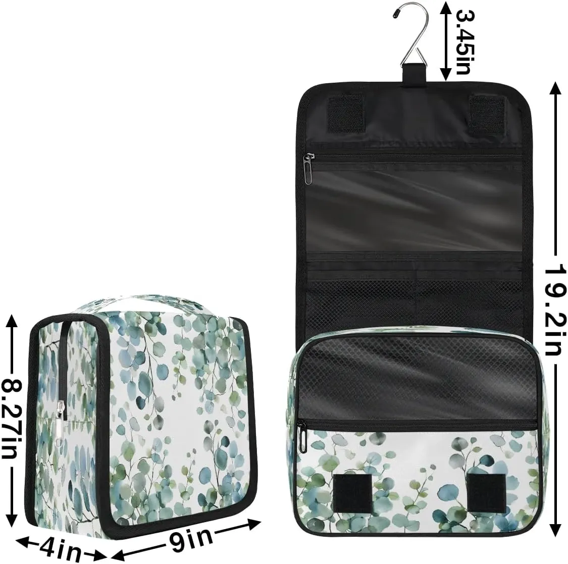 Hanging Travel Toiletry Bag Eucalyptus Green Leaves Toiletry Bags with Hanging Hook Portable Cosmetic Bag Makeup Organizer for Travel Business Trip