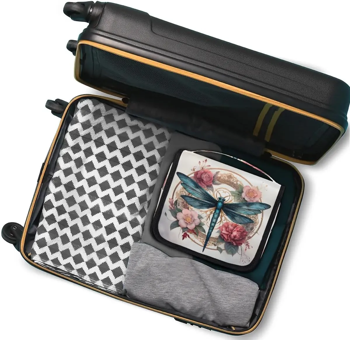Hanging Travel Toiletry Bag Floral Dragonfly Toiletry Bags with Hanging Hook Portable Cosmetic Bag Makeup Organizer for Travel Business Trip