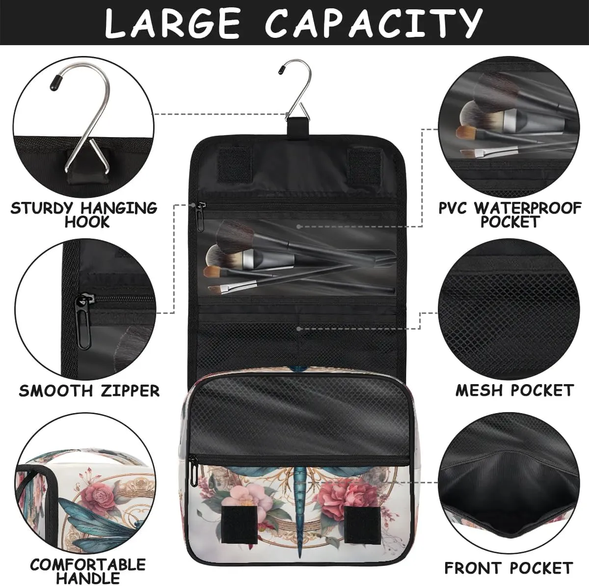 Hanging Travel Toiletry Bag Floral Dragonfly Toiletry Bags with Hanging Hook Portable Cosmetic Bag Makeup Organizer for Travel Business Trip