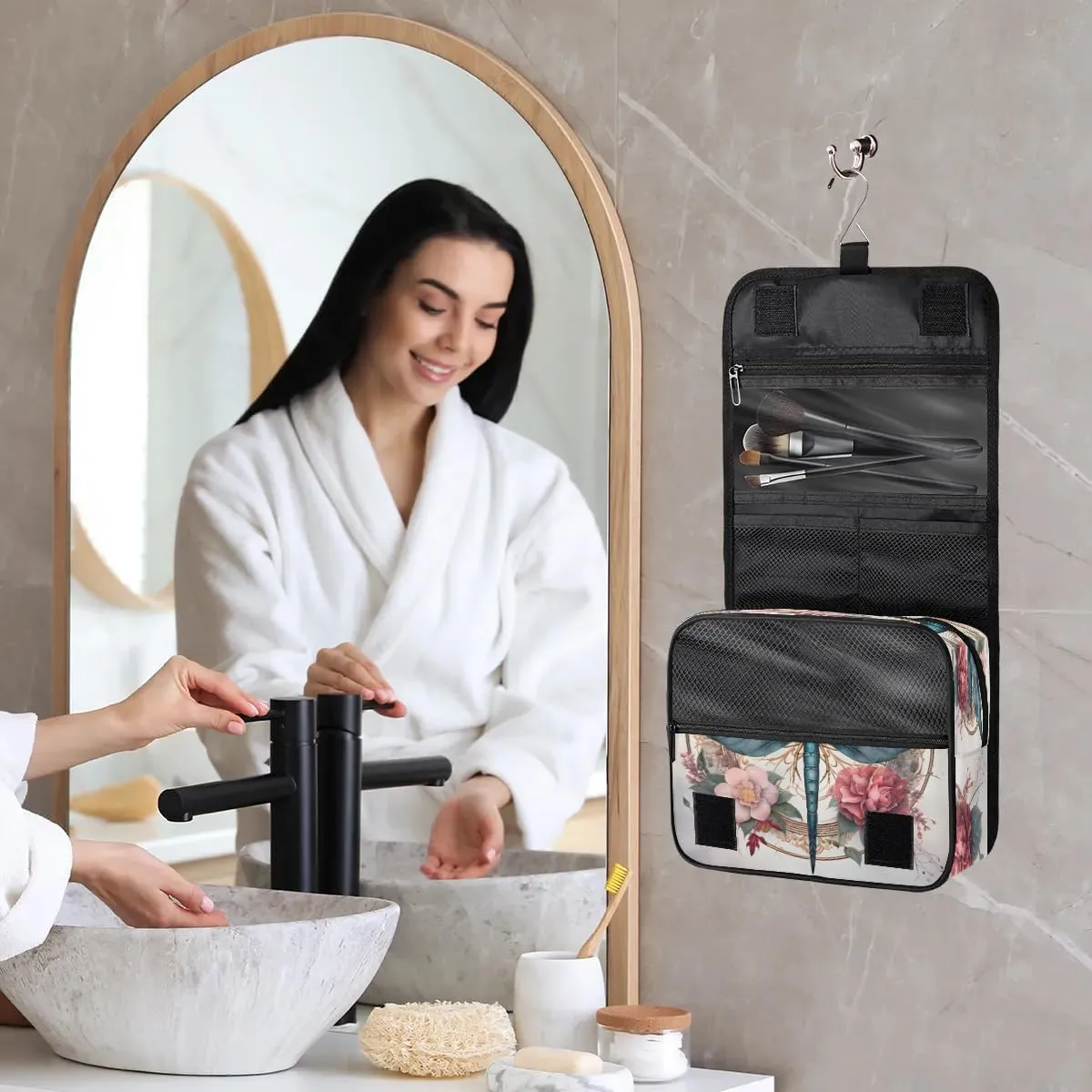 Hanging Travel Toiletry Bag Floral Dragonfly Toiletry Bags with Hanging Hook Portable Cosmetic Bag Makeup Organizer for Travel Business Trip