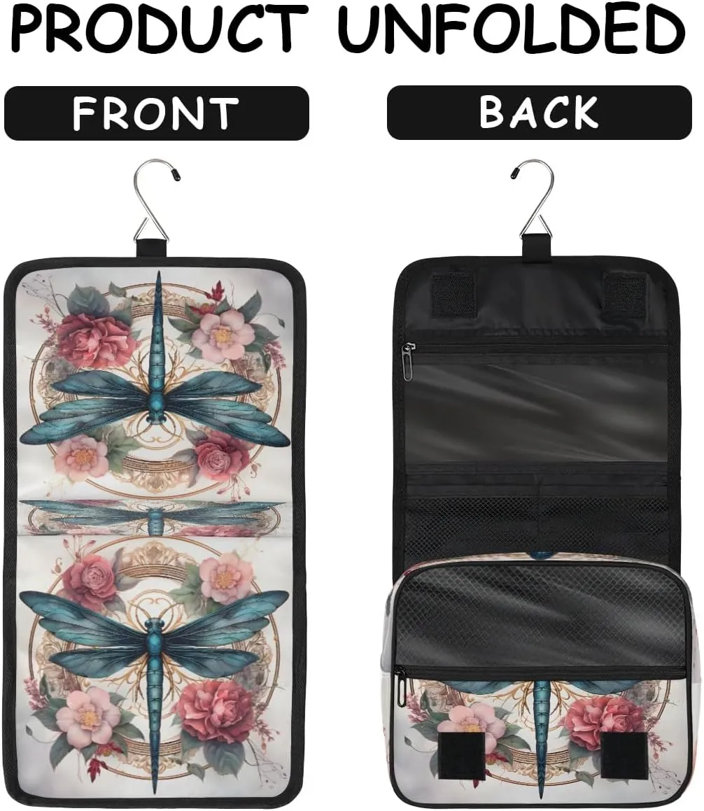 Hanging Travel Toiletry Bag Floral Dragonfly Toiletry Bags with Hanging Hook Portable Cosmetic Bag Makeup Organizer for Travel Business Trip