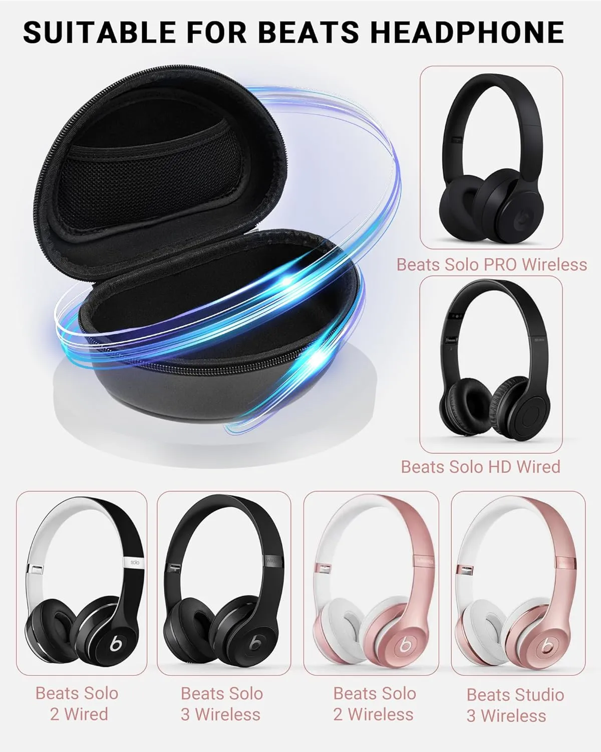 Hard Headphone Case for Beats Solo 4, Studio Pro, Solo 3, Studio 3, Solo 2,Over Ear Headphone Carrying Case with Storage Cable Bag Strap for Travel (Black)