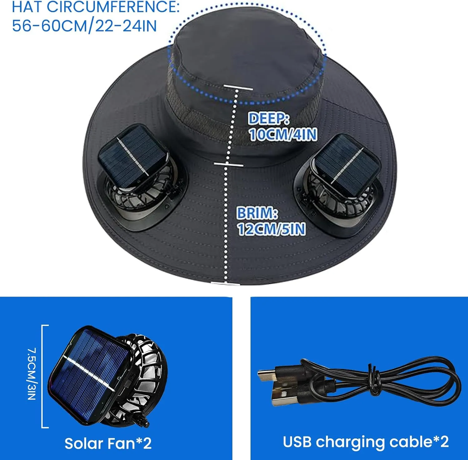 Hat with 2 Fans Solar Power, Rechargeable USB c Wide Brim Sun Hat, UPF 50  Bucket Outdoor Fishing & Beach Hats