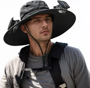 Hat with 2 Fans Solar Power, Rechargeable USB c Wide Brim Sun Hat, UPF 50  Bucket Outdoor Fishing & Beach Hats