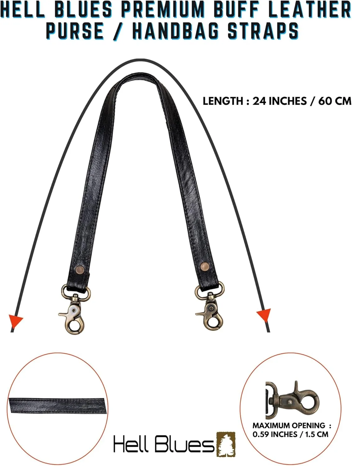 HB Full Grain Leather Purse Strap 2Pcs ~ 24" Premium Short Purse Replacement Handles for Handbag Underarm Bags with Brass Buckles (Black)