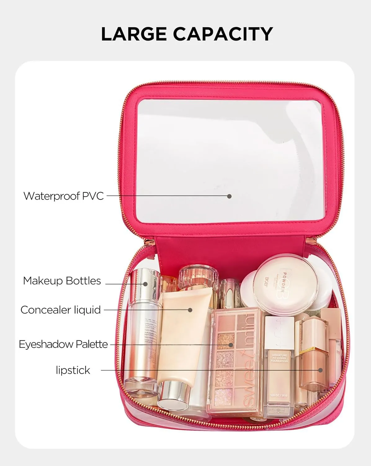 HBlife Clear Makeup Bag Organizer, Portable Travel Toiletry Cosmetic Bag Case for Women, Medium Make Up Bag Makeup Train Case Transparent Storage Bag Pouch with Handle(Hot Pink)