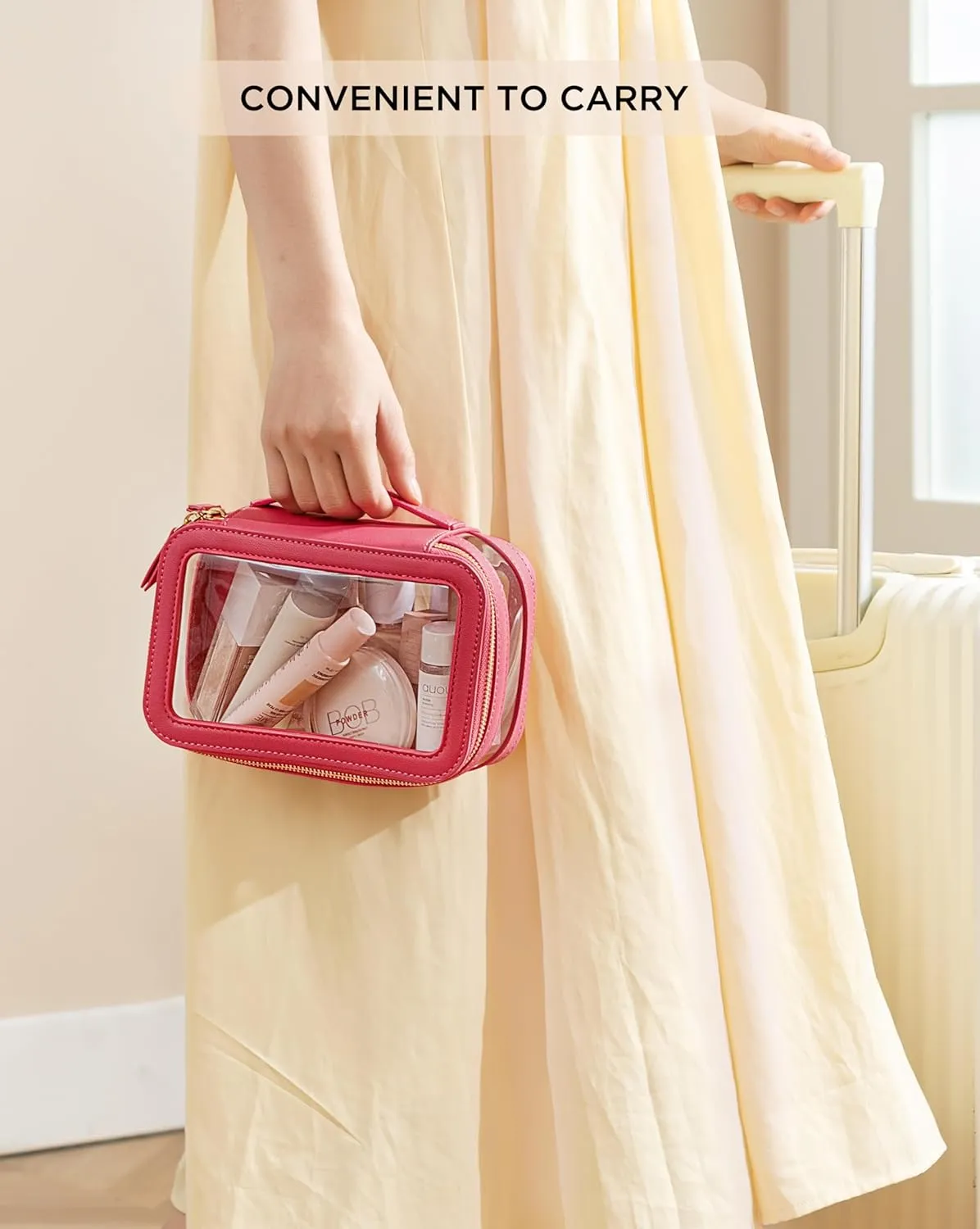 HBlife Clear Makeup Bag Organizer, Portable Travel Toiletry Cosmetic Bag Case for Women, Medium Make Up Bag Makeup Train Case Transparent Storage Bag Pouch with Handle(Hot Pink)