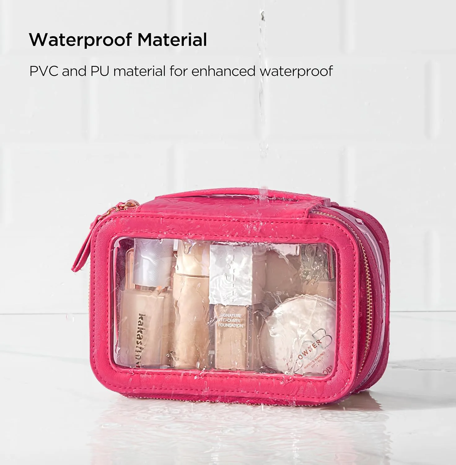 HBlife Clear Makeup Bag Organizer, Portable Travel Toiletry Cosmetic Bag Case for Women, Medium Make Up Bag Makeup Train Case Transparent Storage Bag Pouch with Handle(Hot Pink)