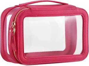 HBlife Clear Makeup Bag Organizer, Portable Travel Toiletry Cosmetic Bag Case for Women, Medium Make Up Bag Makeup Train Case Transparent Storage Bag Pouch with Handle(Hot Pink)