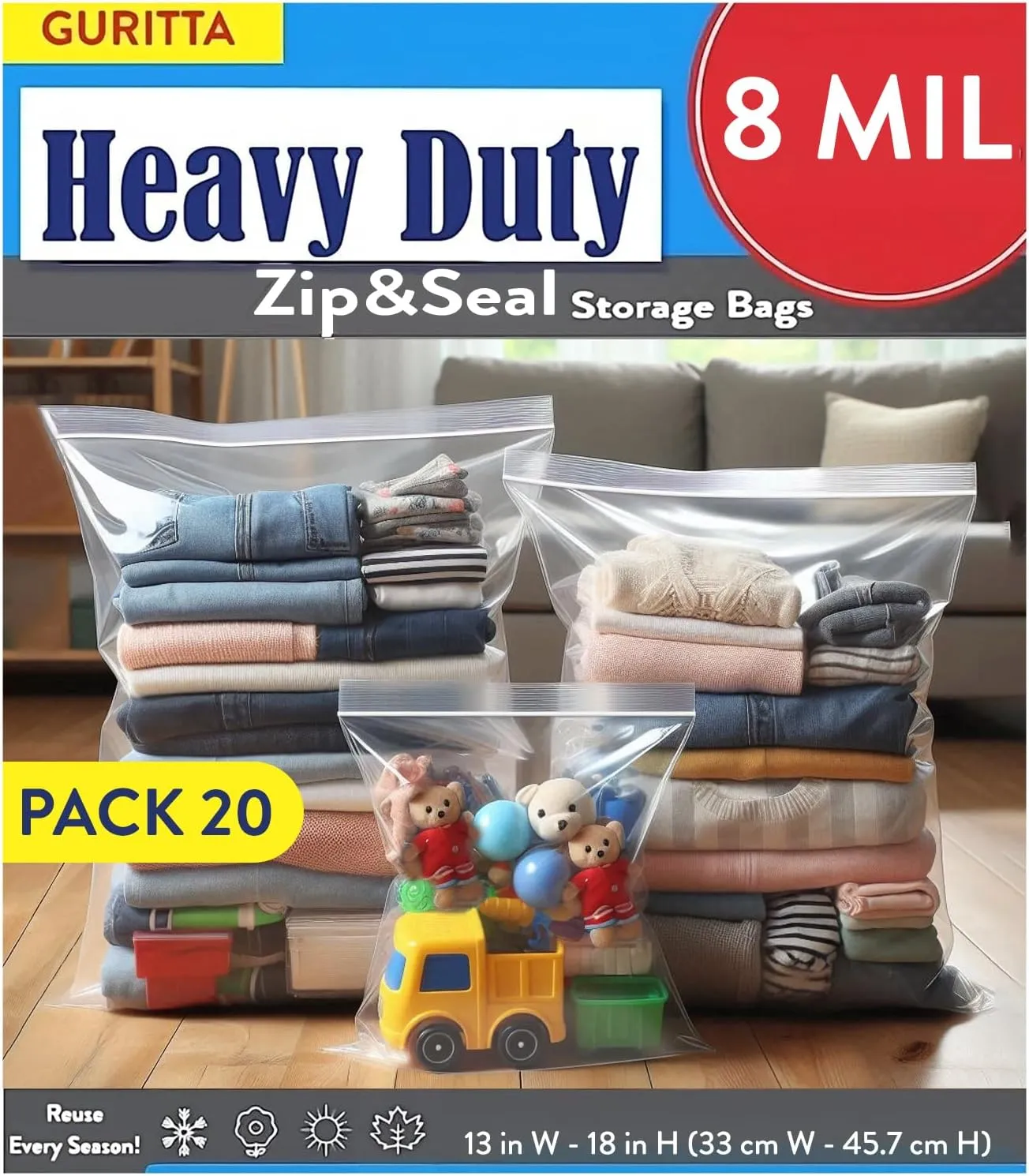 Heavy Duty Plastic Zipper Bags – Reusable Storage Gallon Bags for Cakes, Food, Kitchen Tools – 6 Mil to 8 Mil, Multiple Sizes, Bulk Packs Available 13"x18" Pack 20
