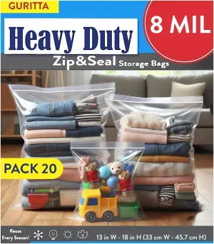 Heavy Duty Plastic Zipper Bags – Reusable Storage Gallon Bags for Cakes, Food, Kitchen Tools – 6 Mil to 8 Mil, Multiple Sizes, Bulk Packs Available 13"x18" Pack 20