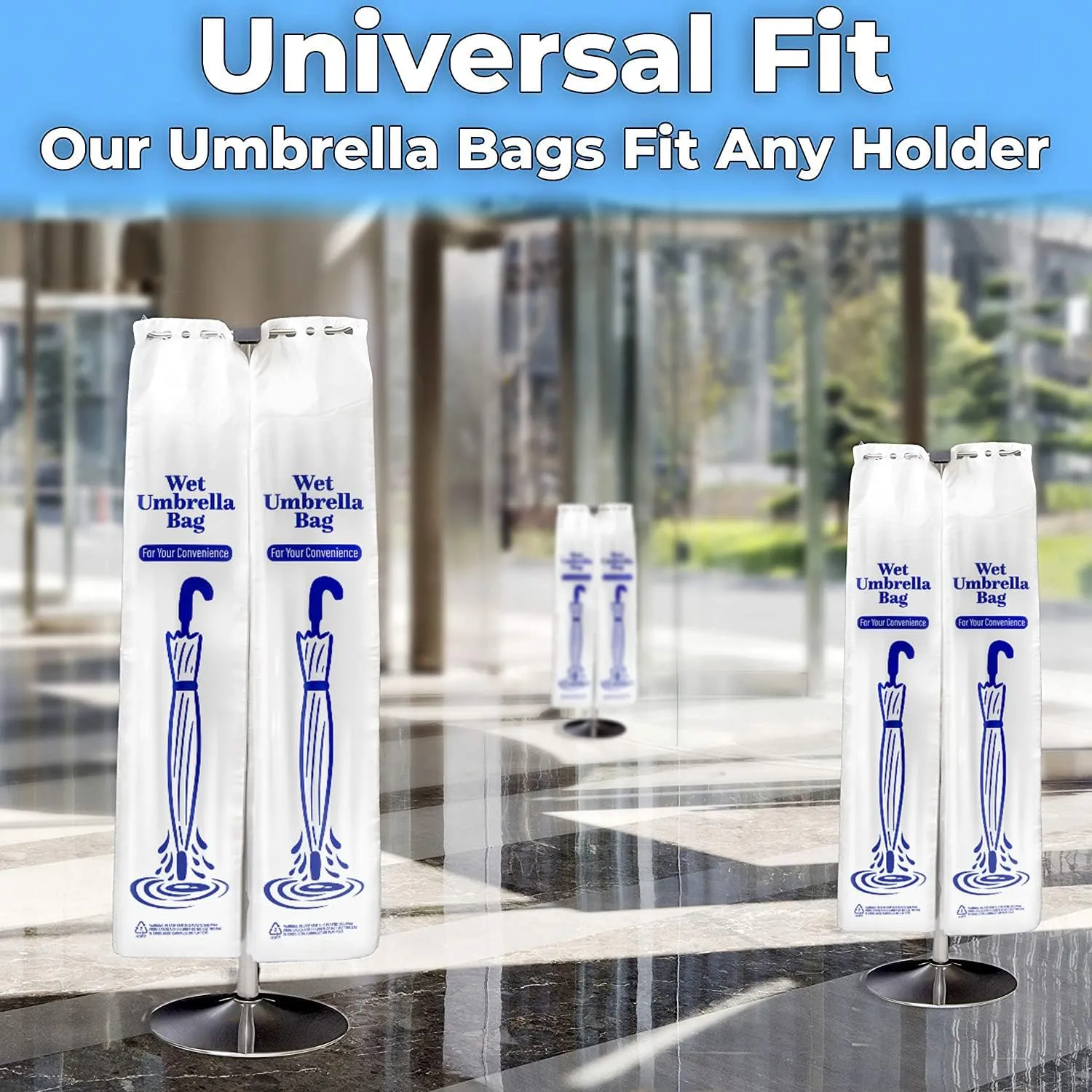 Heavy Duty Universal Fit Umbrella Rain Bags 100 Pk. Big Covers for Wet Umbrellas. Large Disposable Clear Plastic Sleeves Keep Church or Lobby Floors Dry. Perfect Refill for Any Bag Stand or Holder.