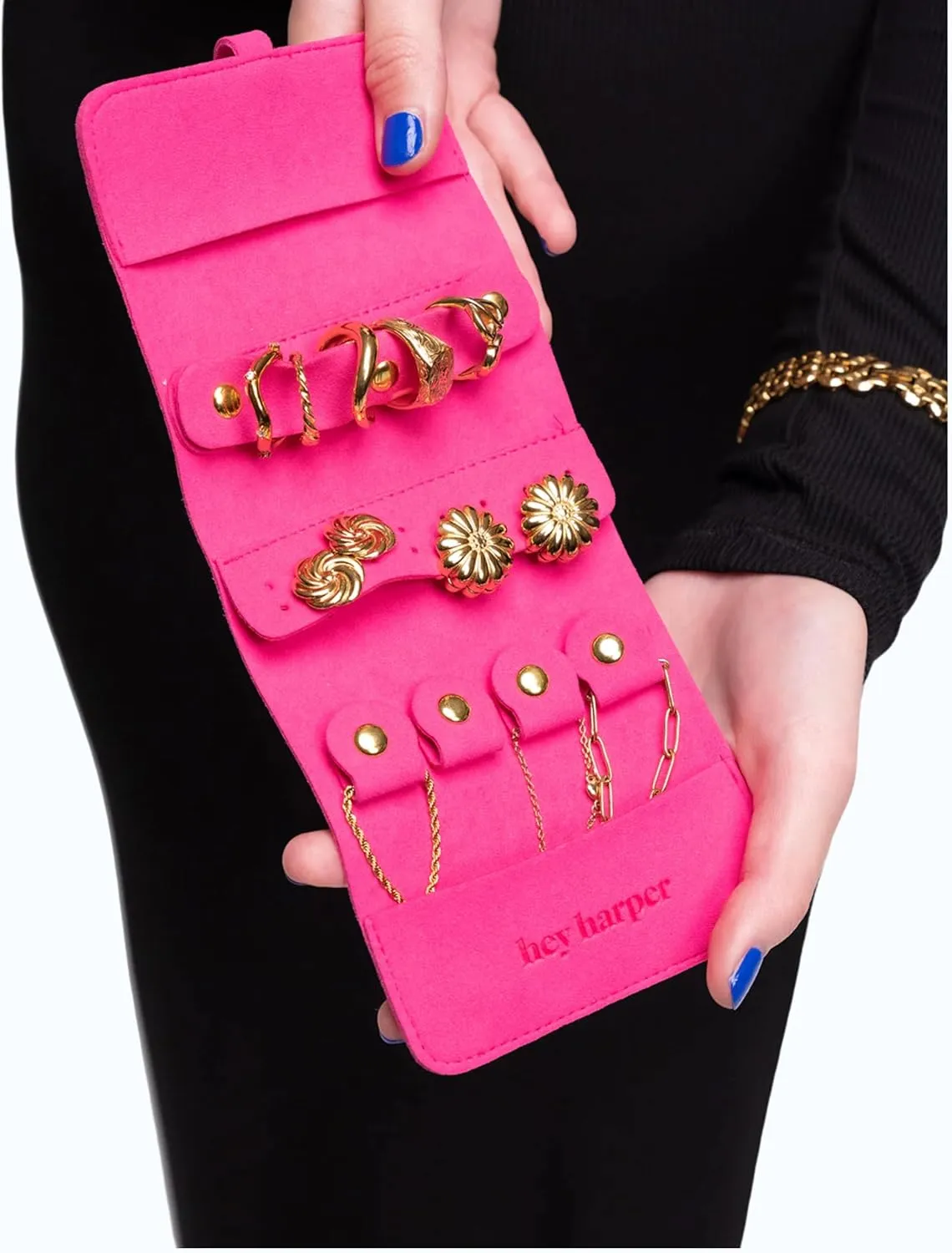 Hey Harper Travel Jewelry Organizer Roll – Compact Storage Pouch for Rings, Earrings, Necklaces & Bracelets – Foldable Case for Women (Included Only Roll) (Fuchsia)