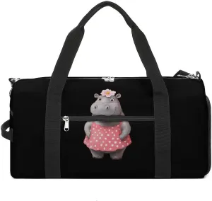 Hippopotamus With Polka Dot Skirt Flowers Unisex Gym Bag Waterproof Sports Duffels Travel Gear With Laundry Shoe Compartment