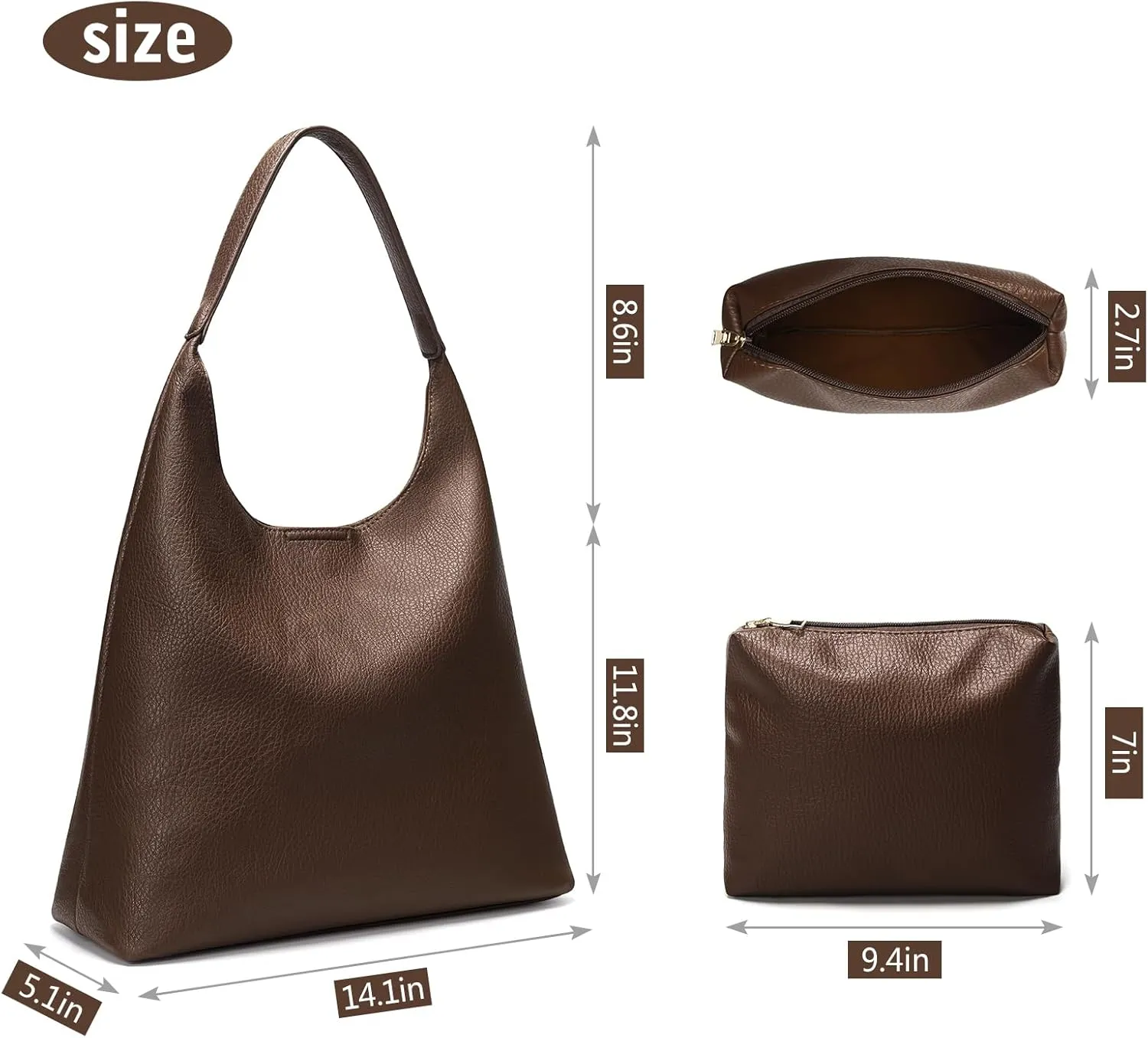 Hobo Bags for Women, Soft Vegan Leather Shoulder Handbags, Slouchy Tote Purses with Makeup Bag