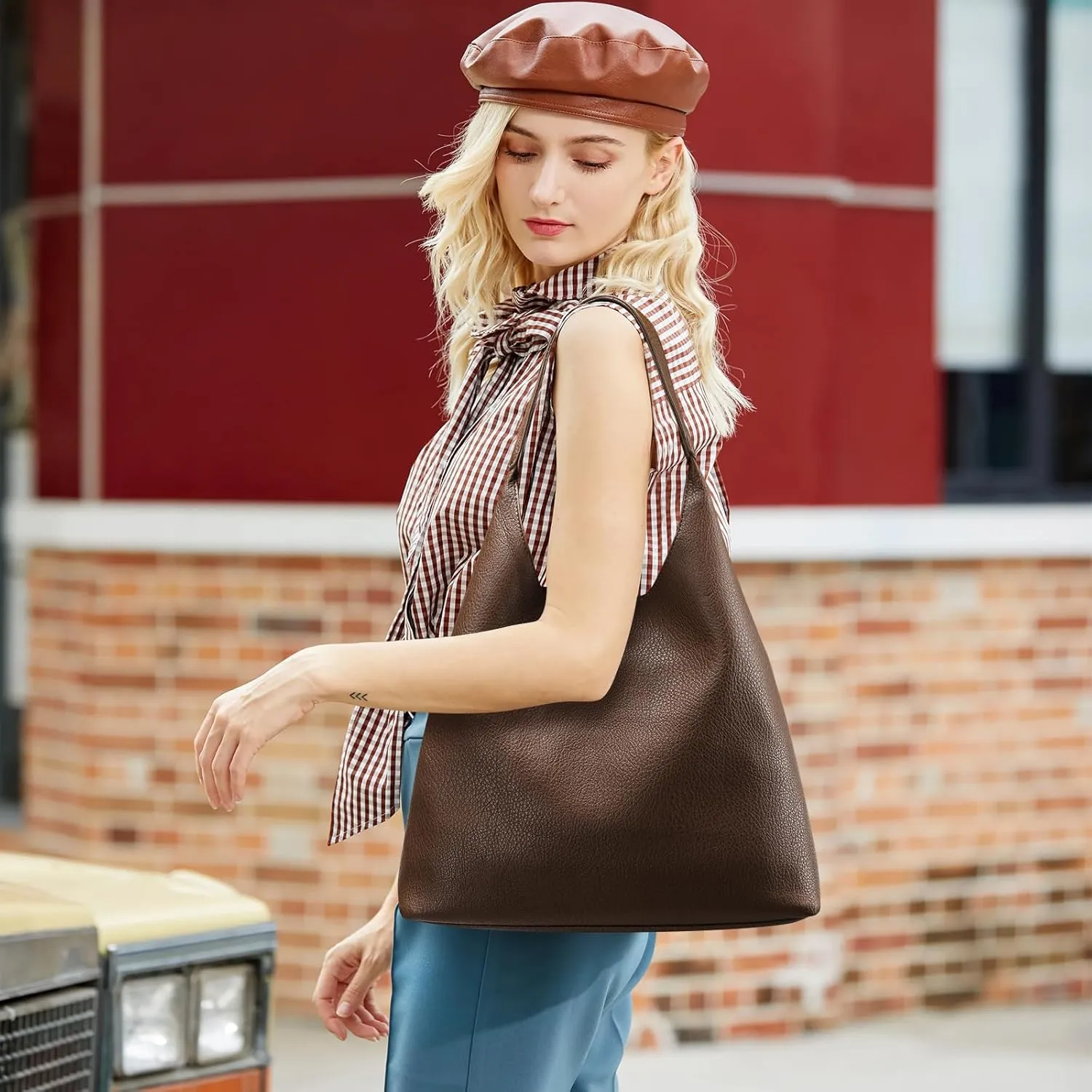 Hobo Bags for Women, Soft Vegan Leather Shoulder Handbags, Slouchy Tote Purses with Makeup Bag